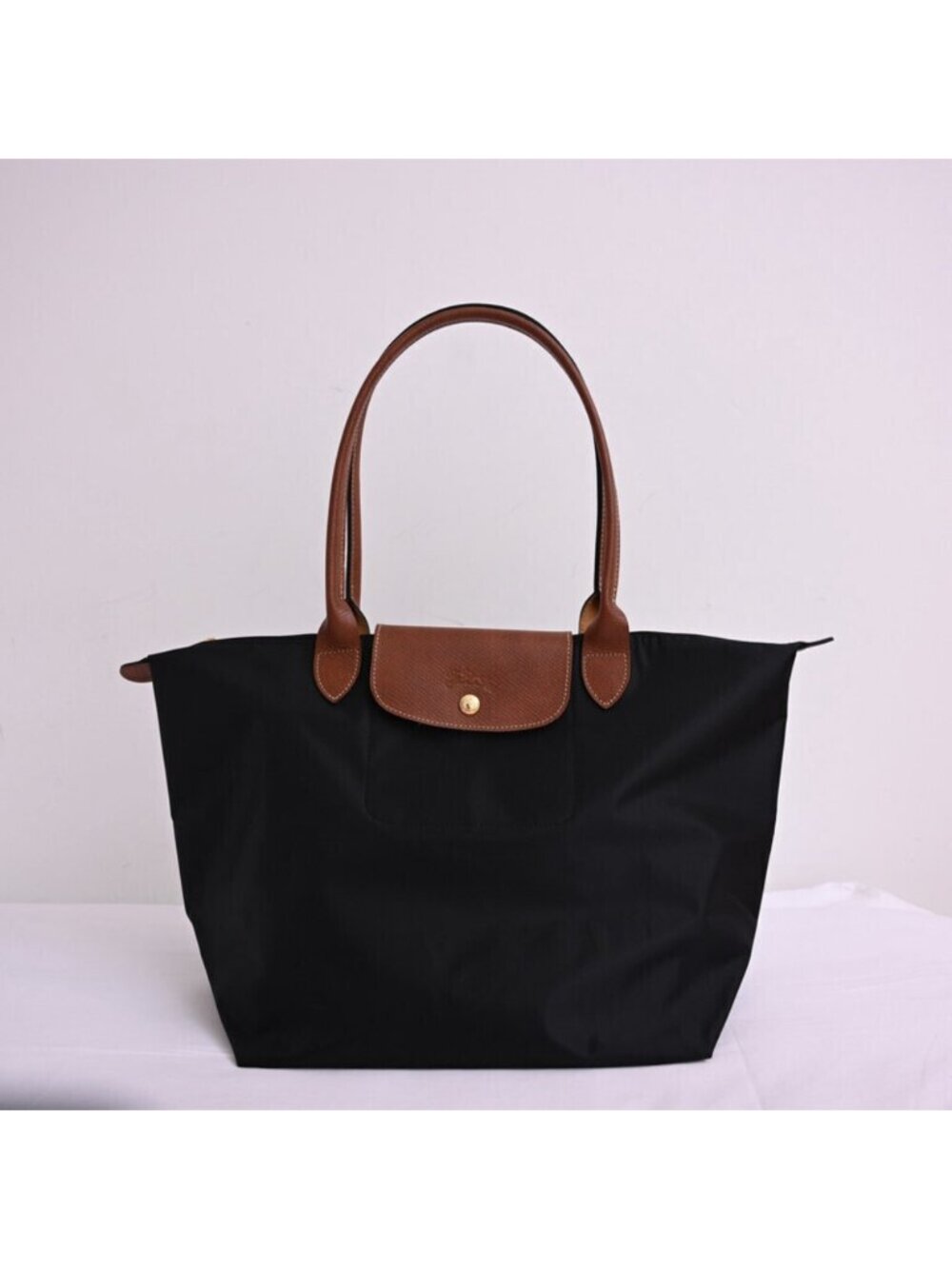 Longchamp Le Pliage Large Black Nylon Long Handle Tote Bag